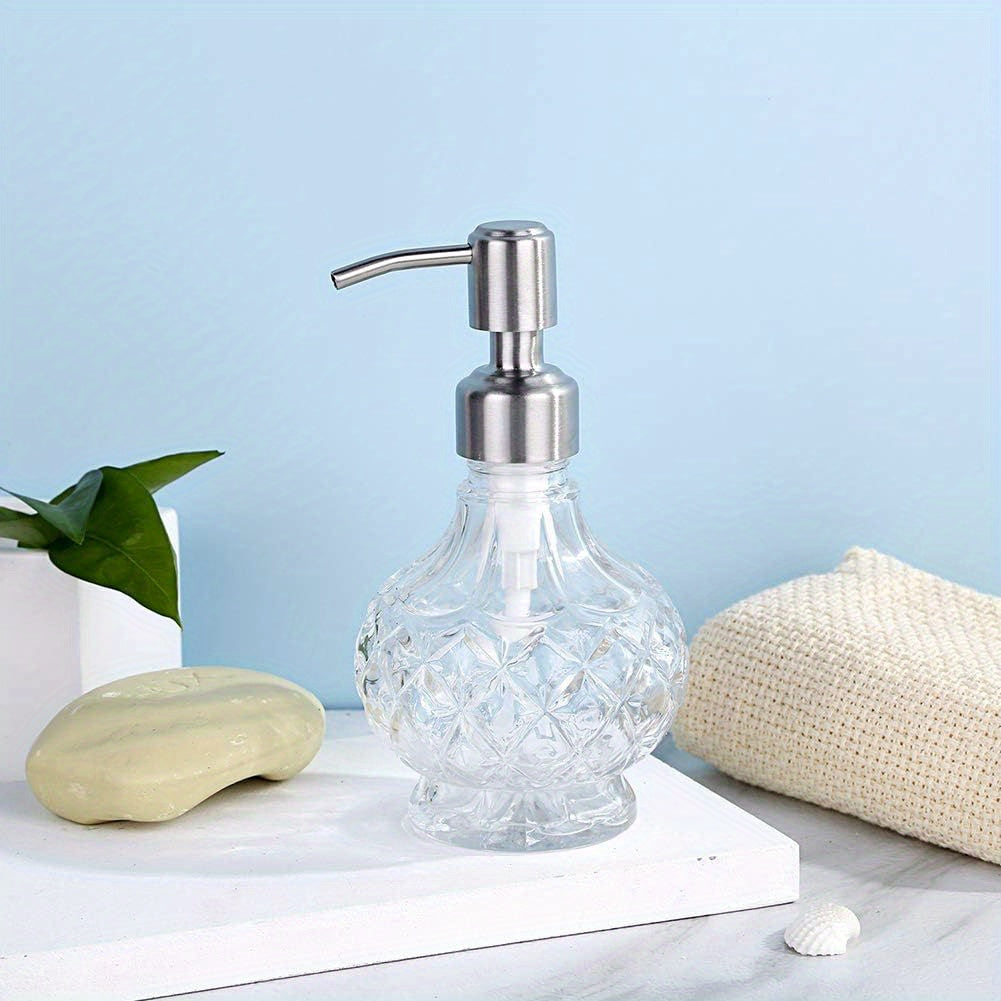 Glass Soap Dispenser with Pump - Clear Crystal Design, Vintage Elegance, Refillable Hand Soap Bottle for Bathroom Countertop & Kitchen Sink, 200ml/6.76oz