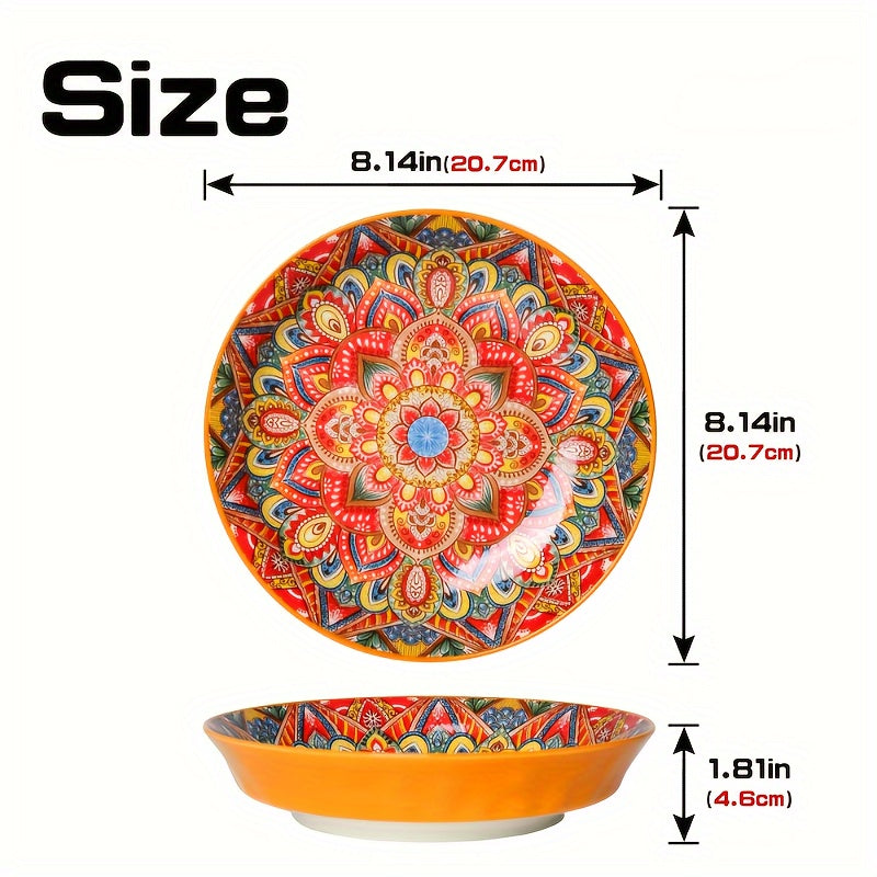 1-Piece Bohemian Floral Theme Ceramic Dinner Plate – 8-Inch Round Decorative All-Season Tableware, Perfect for Steak, Pasta, Breakfast – Microwave Safe Ceramic Dishware – Great for Christmas Gifts, Restaurant & Home Use