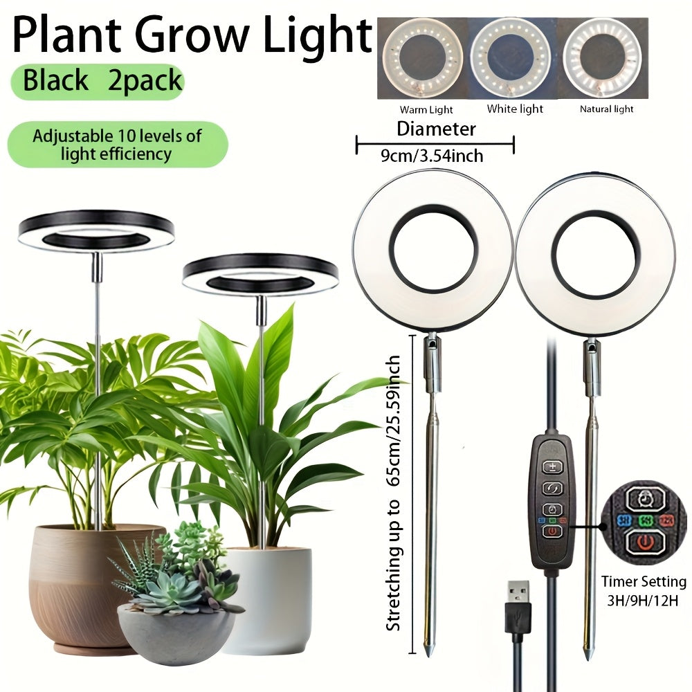 2-Pack LED Plant Grow Light, 3 Color Modes Adjustable Length Up to 63cm/24.8inch, USB Powered, 4-Key Control Switch, 3/9/12H Timer, Lamp Head Diameter 9cm/3.54inch, 10-Level Dimmable Brightness, 48 LED Beads, Super Bright & Wide Lighting Range