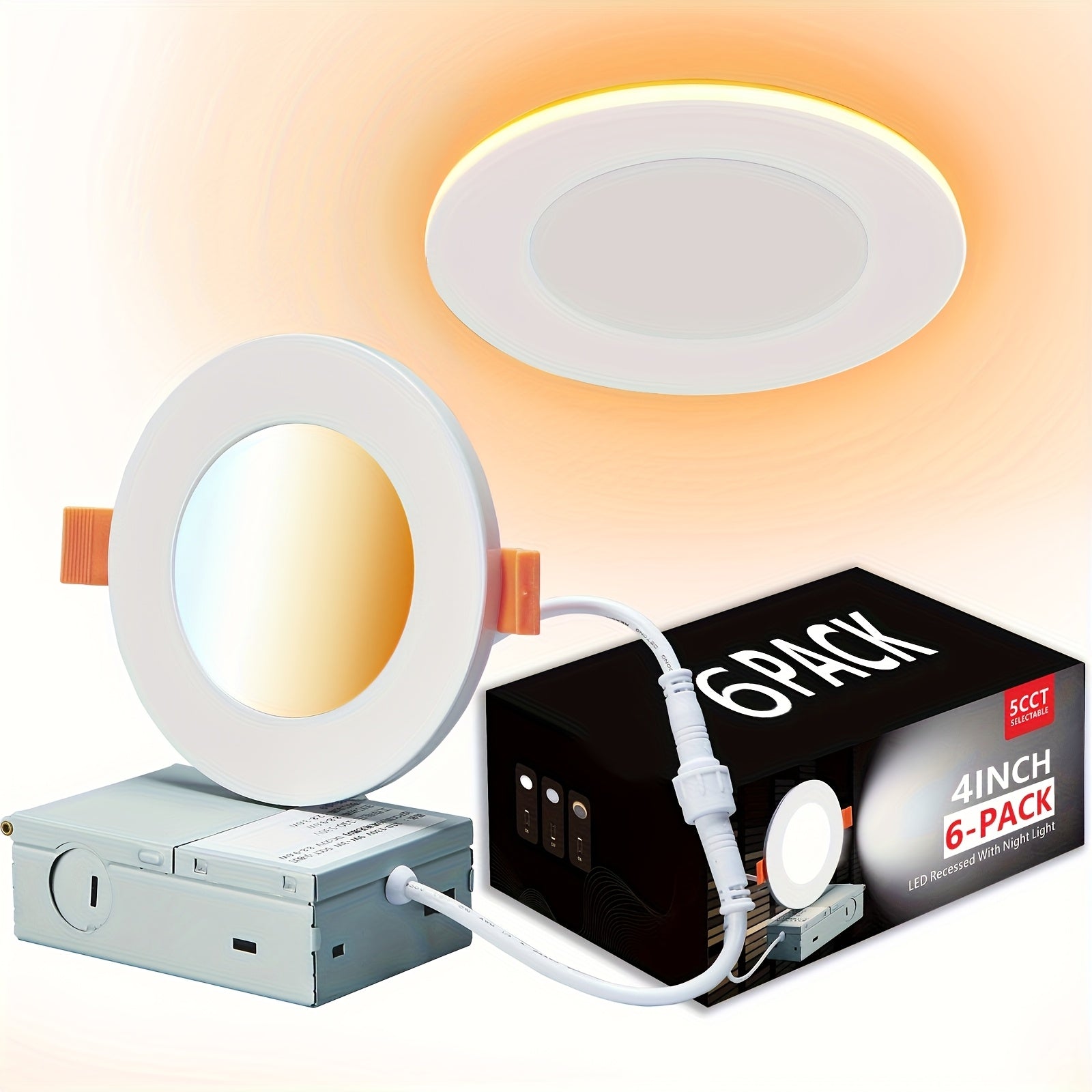 6/10pcs Pot Lights LED 4-Inch Recessed Lighting with Night Light, Dimmable and 5CCT Selectable, Lumiere Encastre Plafond, Slim Downlight 9W, CETL