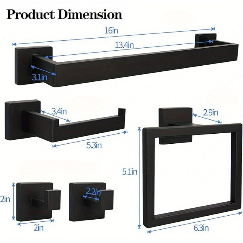 2/5/10/15-Piece Black SUS304 Wall Mount Bathroom Towel Rack &amp; Accessory Set - Includes 16" Towel Bar, Towel Ring, Tissue Holder &amp; Hooks, for Bath/Hand Towels, Matte Black Bathroom Hardware Set, Toilet Paper Holder, Towel Rack