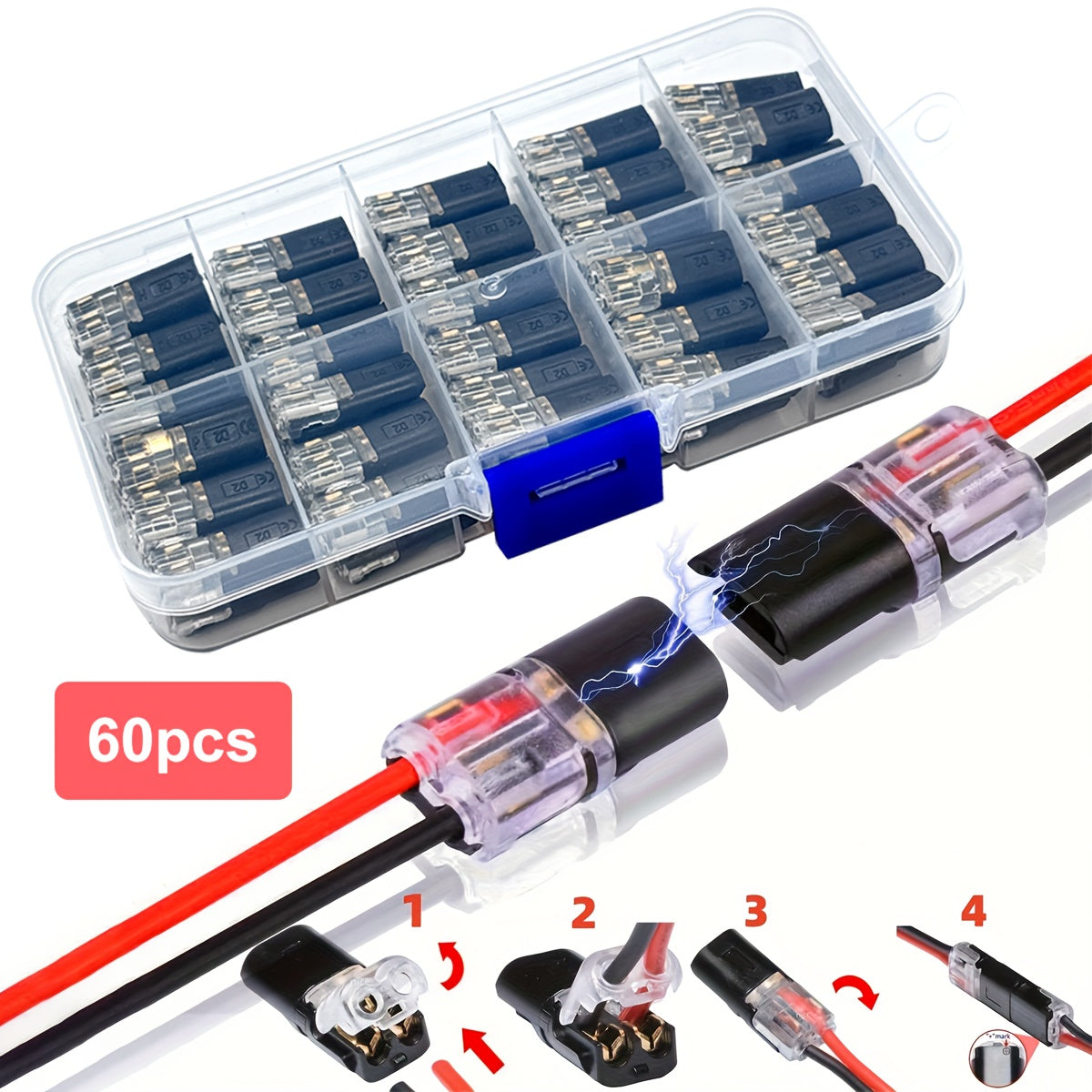 12pcs/60pcs Dual Wire Insertion Connector, 2-Pin 2-Port, PVC Insulation, Copper Contact Material, Quick Connect Terminal, No-Charge Power Mode, with Locking Clip, for LED Wire Connection in Cars and Home Use
