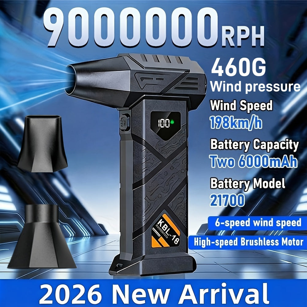9000000 RPM High Power Brushless Motor Turbo Fan, Air Drying Function, Type-C Rechargeable Battery, Digital Display, LED Light, Multiple Nozzles Included, Ideal for Car Windshield, Leaf Blowing, BBQ Charcoal Ignition
