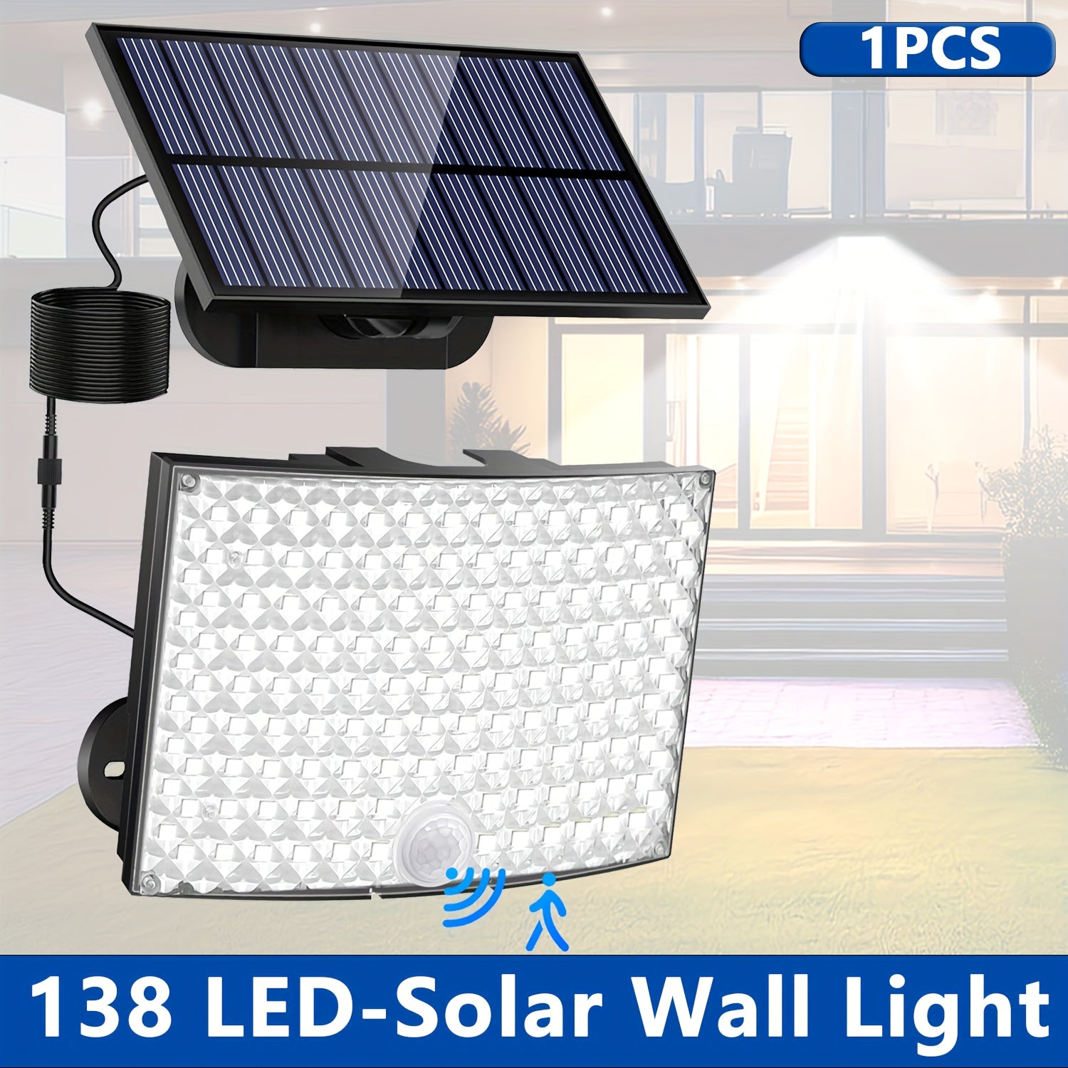 1/2 Pack Outdoor Solar Courtyard Light, with 138 High-Brightness LEDs, Motion Sensor Exterior Wall Light, IP65 Security Light, Wall Light with 16.4FT Cable, Street Light with 3 Lighting Modes, Cool White Light, Perfect for Courtyards and Parks