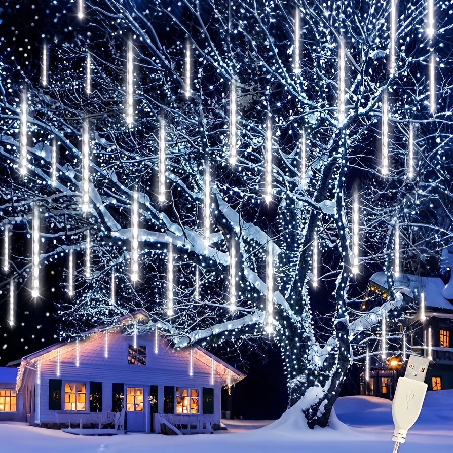 LED流星雨燈串，藍色/白色/彩色花園裝飾燈，USB雪花流星燈，適用於聖誕派對、家庭庭院樹屋頂裝飾、婚禮和情人節