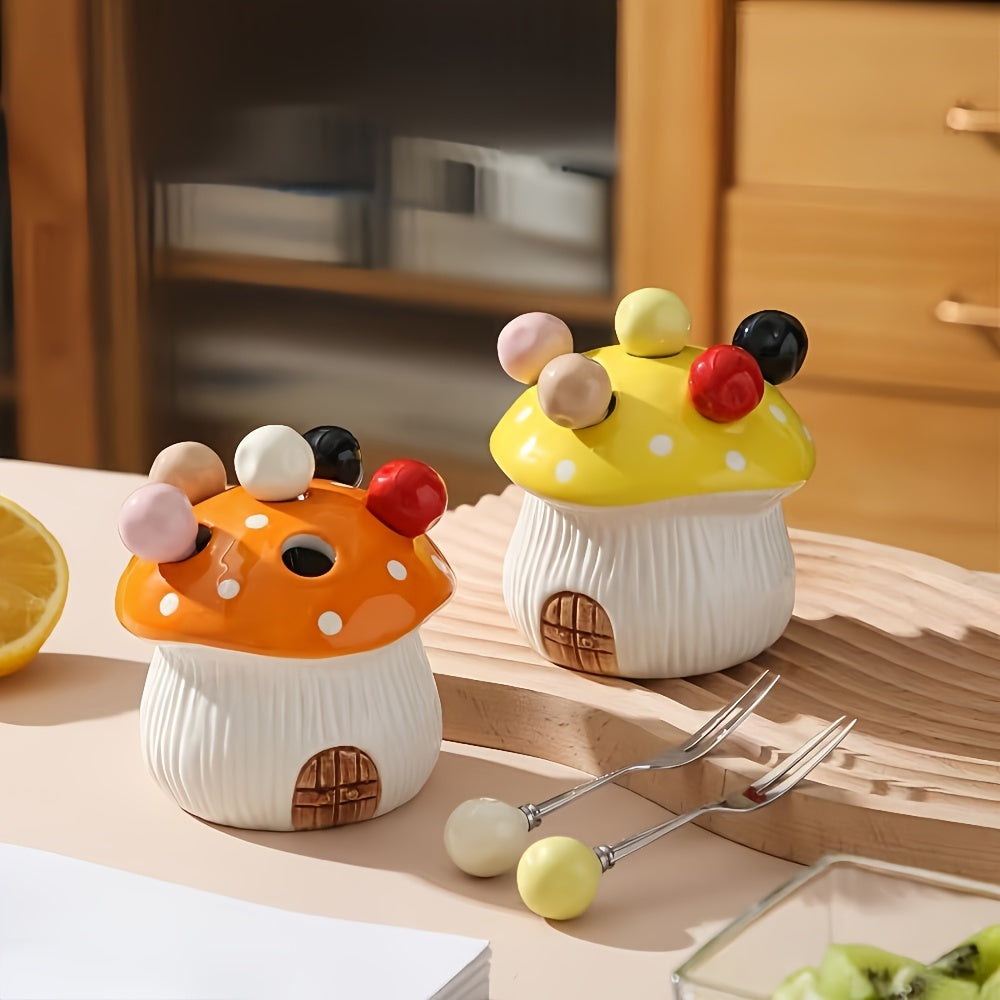 1 Set of 7 Pieces – 6 Forks & 1 Base, Ceramic Mushroom-Shaped Dessert Fruit Cake Fork Set, with 304 Stainless Steel Forks – Suitable for Fruit & Dessert, Party & Gathering Home Décor, Christmas Gift Party Decoration
