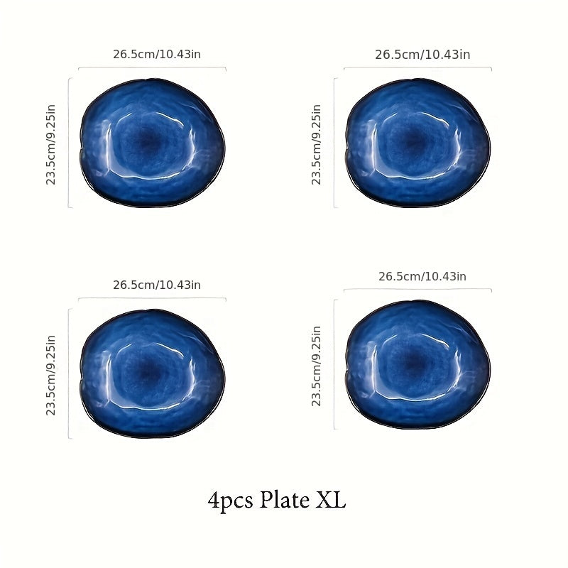 4-Pack Cat‘s Eye Blue Nordic Ceramic Food Plate – Home Pottery Irregular Dinnerware, Salad Platter Tableware
