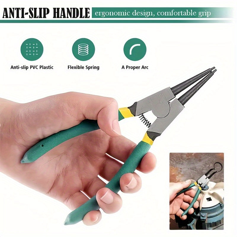 4pcs Professional Card Snap Ring Pliers Set, 7 Inch Heavy Duty Ring Stopper, Straight/Bent Nose, Chrome Vanadium Steel, Type C Clip for Internal/External Ring Removal, Metal Construction, Card Repair Tool | Professional Pliers Set