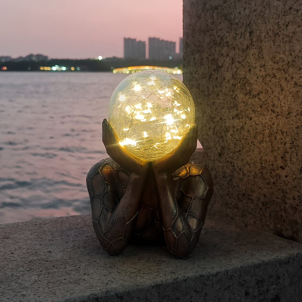 One-Piece Exquisite Hand-Holding Ball Statue, Solar Outdoor Statue Light, Garden Courtyard Lawn Ornament, Solar Light Sensing, Weather-Resistant Decoration, Illuminates Your Night Space, Holiday Decoration, Perfect Housewarming Gift.