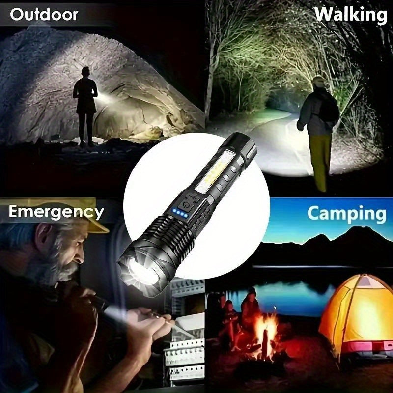 Set of 2 Rechargeable LED Flashlights, COB Floodlight, Powerful USB Charging, Matte ABS Material. They Deliver 150-350 Lumens Brightness, Battery-Powered with Lithium Battery, Perfect for Outdoor Activities Like Camping