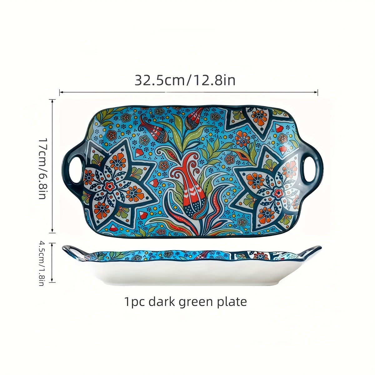 1 Piece Ceramic Bohemian Style 12.8-Inch Fish Plate with Double Handles – Kitchen Serving Platter – Rectangular Baking Dish Safe for Microwave & Oven