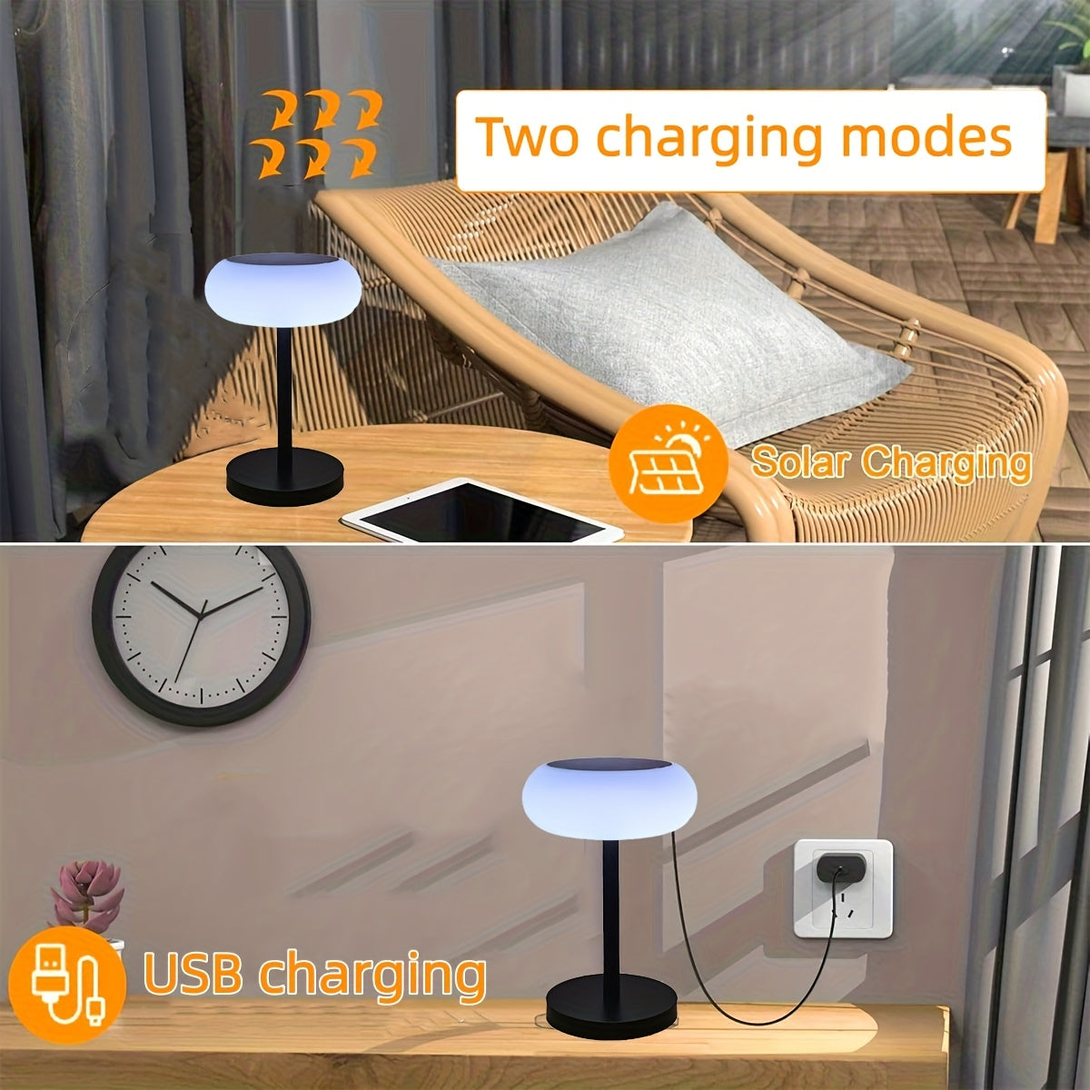 A rechargeable table lamp with smart remote control and dusk-to-dawn activation sensor. This wireless bedside lamp can be powered by solar energy and offers adjustable brightness, perfect for camping.