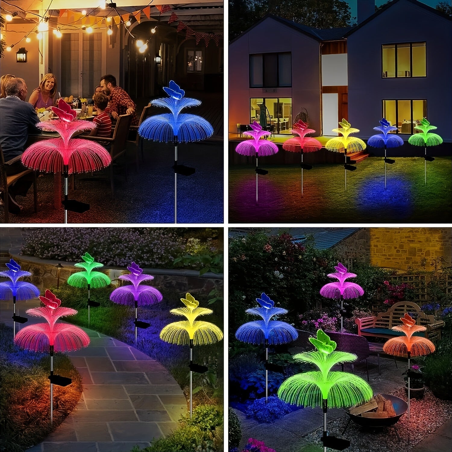 Solar Garden Light 4-Pack Solar Outdoor Decorative Light 7 Color Changing Double Jellyfish and Butterfly Flower Garden Decoration Courtyard Christmas Pool Outdoor Decoration, Gift for Mother and Women