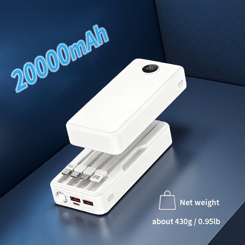 20000mAh Power Bank with 4 Built-in Cables, Travel Essential Portable Charger, 22.5W Fast Charging Battery Charger, USB-C Input/Output, 6 Output 2 Input Cell Phone Battery Pack, Smart Display Strong Light Travel Battery Pack for iPhone 16/15/14/13