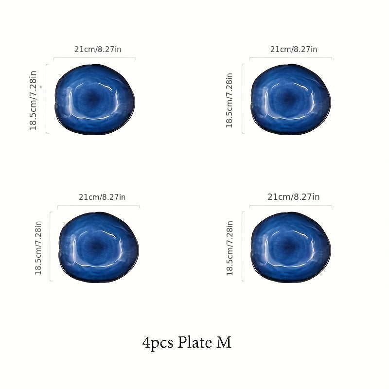 4-Pack Cat‘s Eye Blue Nordic Ceramic Food Plate – Home Pottery Irregular Dinnerware, Salad Platter Tableware