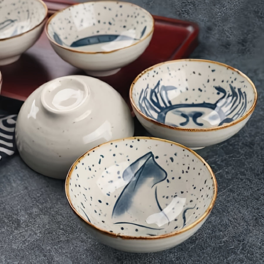 4pc/6pc 4.75-Inch Vintage Ocean Ceramic Bowl – Rice Bowl, Yogurt Bowl, Fruit Bowl, Dinner Bowl