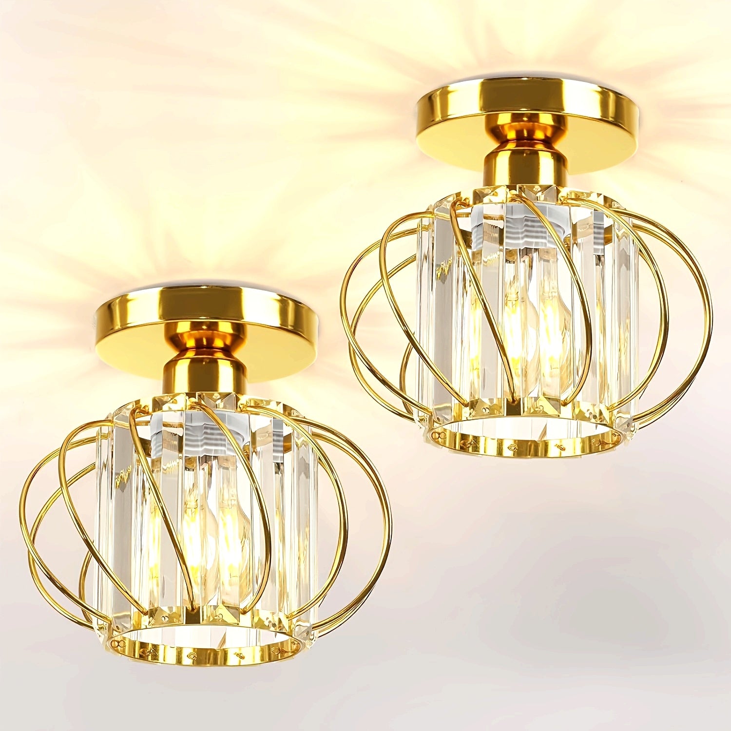 2-Piece Modern Industrial Semi-Flush Mount Pendant Light with Crystal Accents - Polished Metal Cage Design, Semi-Flush Mount Installation for Living Room, Kitchen, Bathroom, Entryway - Bulbs Not Included, Kitchen Lighting