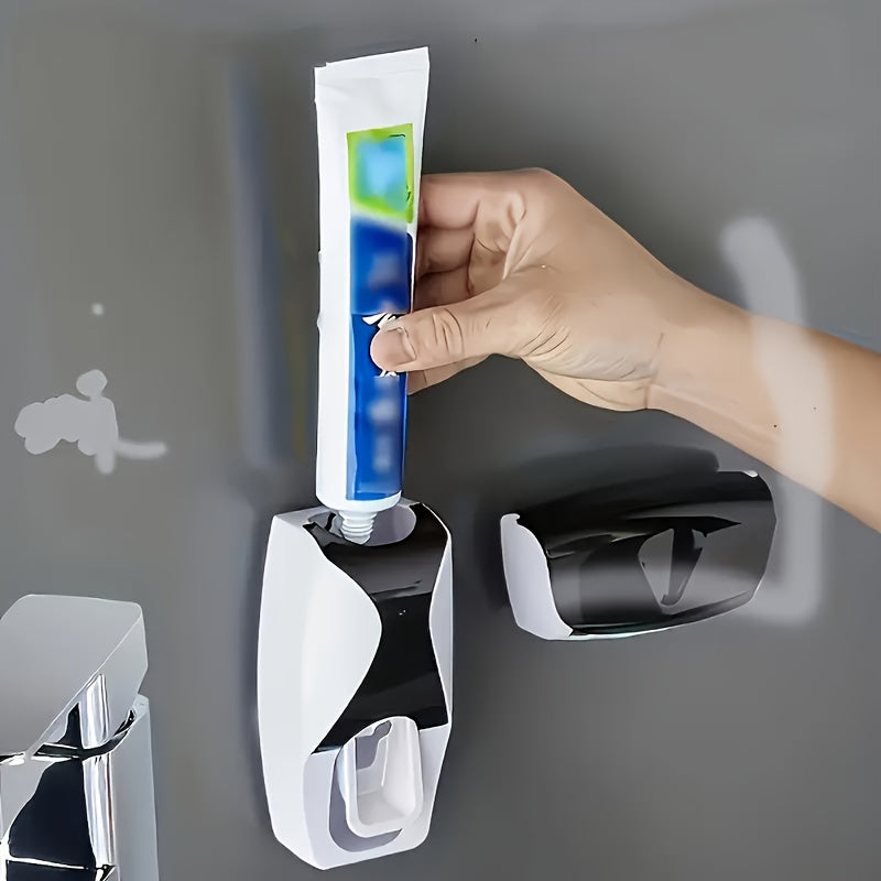 [5-Slot No-Drill] Toothbrush Holder & Press-Type Toothpaste Dispenser Set - Large Capacity ABS Plastic Wall Mount (Holds 5 Toothbrushes) - Dustproof & Moisture-Proof Design, Space-Saving