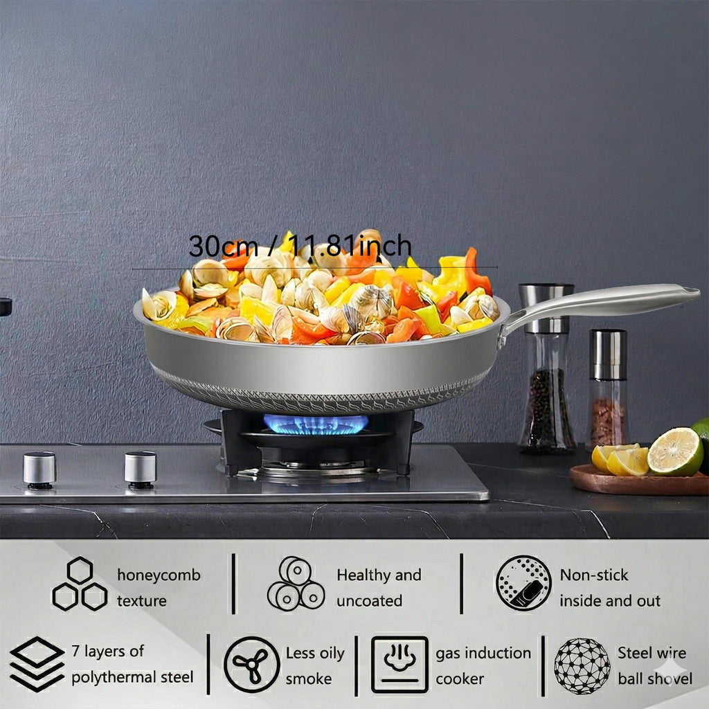 316 (18/10) Three-layer Stainless Steel Non-stick Frying Pan with Tempered Glass Lid, Dishwasher & Oven Safe, Induction Compatible Double-sided Honeycomb Cookware
