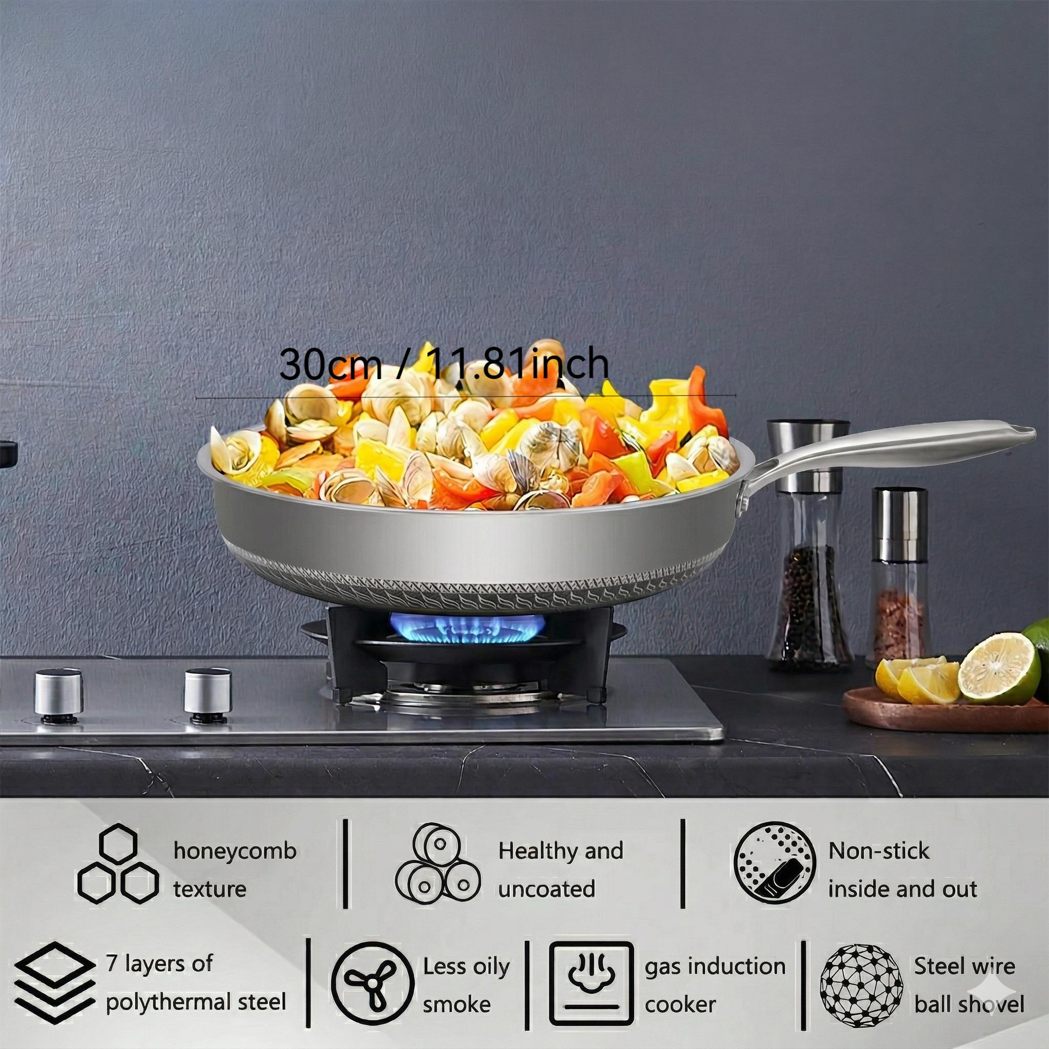 316 (18/10) Three-layer Stainless Steel Non-stick Frying Pan with Tempered Glass Lid, Dishwasher & Oven Safe, Induction Compatible Double-sided Honeycomb Cookware