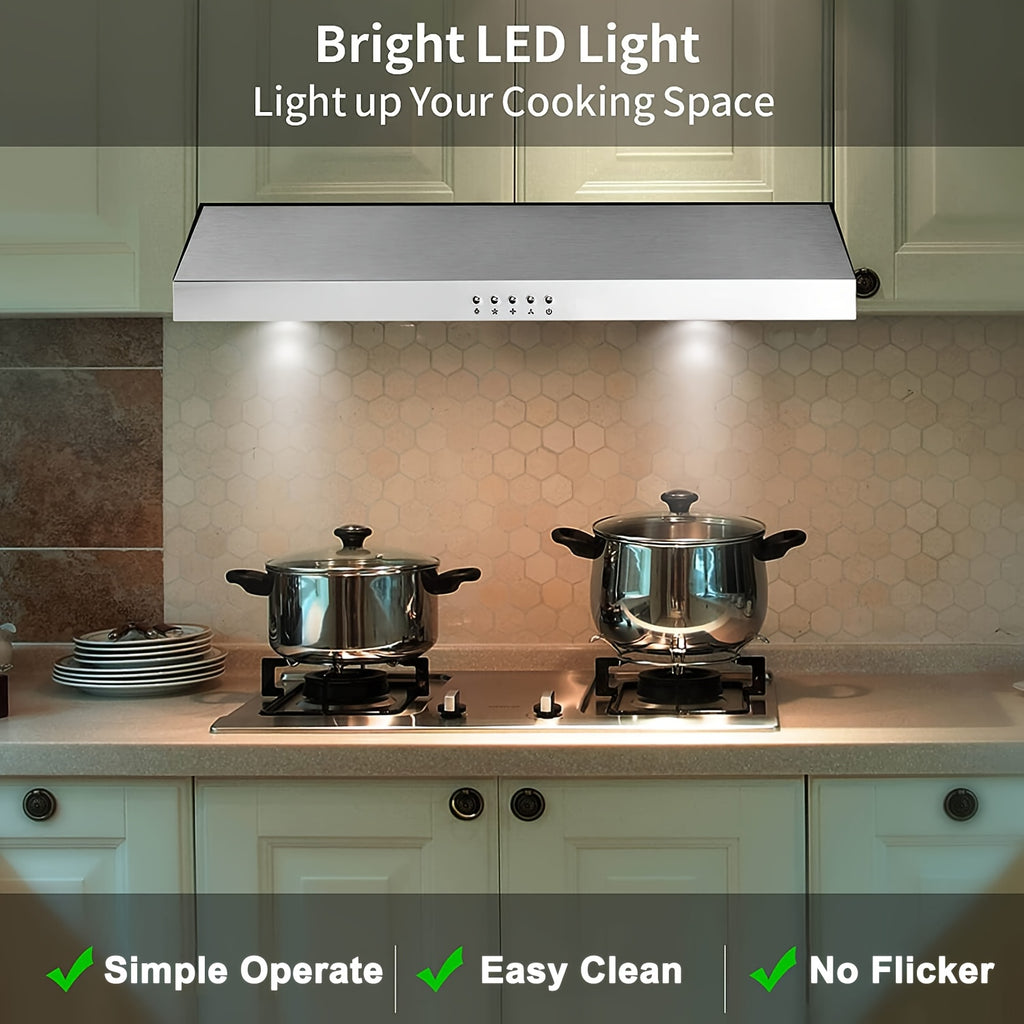 30-Inch Under-Cabinet Chimney, 3 Ventilation Modes, Stainless Steel Chimney, Under-Cabinet Chimney 3-Speed Fan, Kitchen Ventilation Chimney 30-Inch, Baffle Filter, LED Light