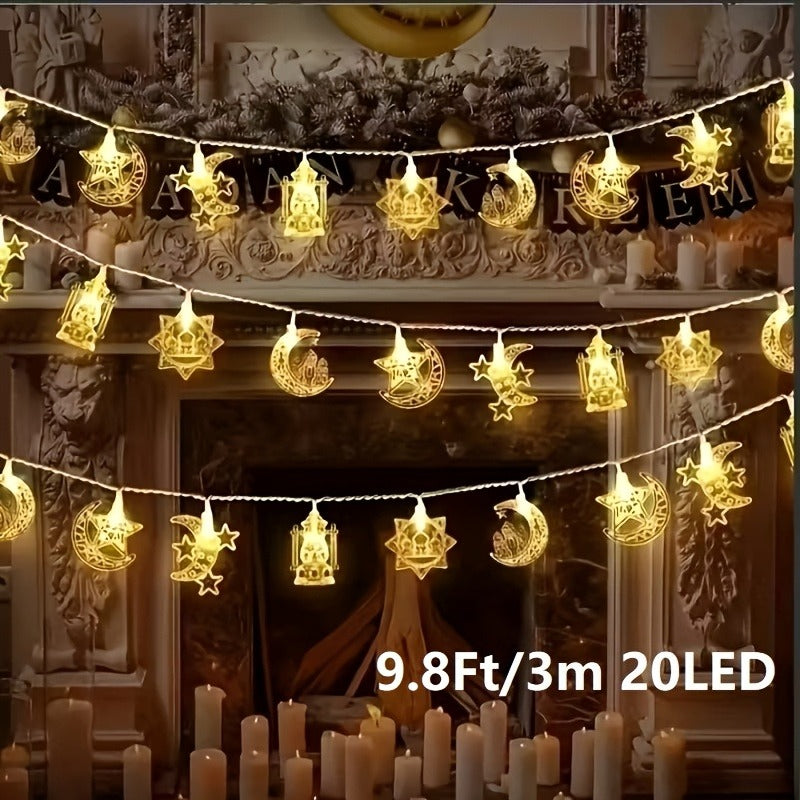 20/40个节日灯【10个LED+10个斋月摆件/20LED+20个斋月摆件】200厘米-6.6 英尺/300厘米-9.8英尺 LED斋月灯星月串灯，斋月吉庆和开斋节祝福装饰品, 电池供电不含电池，室内灯串， 适用于家庭、卧室、开斋节派个，斋月装饰、开斋节、开斋快乐、封斋饭、开斋饭（暖光）