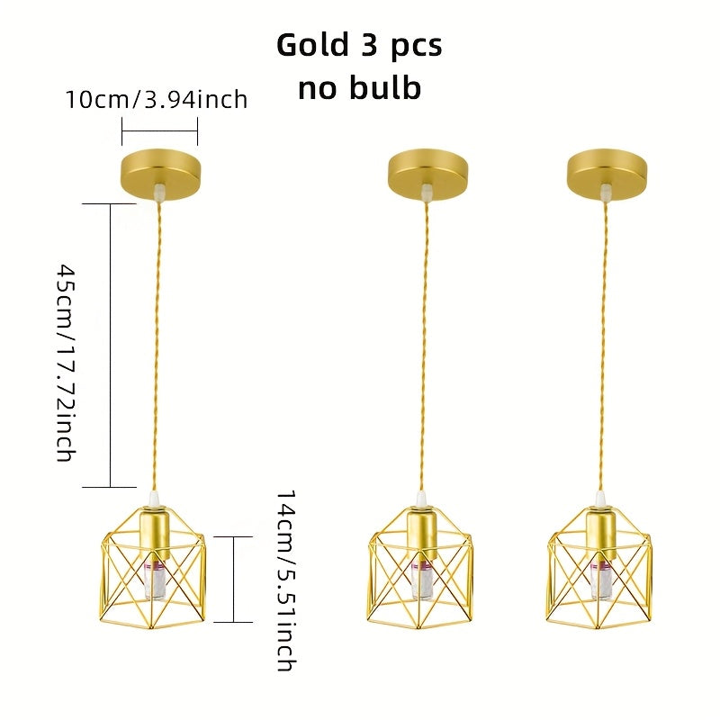 1/2/3/4-pack, rustic vintage pendant light, geometric ceiling fixture, modern gold iron pendant light, adjustable hanging wire, e27 socket (replaceable), suitable for dining room pendant light, living room, bedroom, study, bulb not included