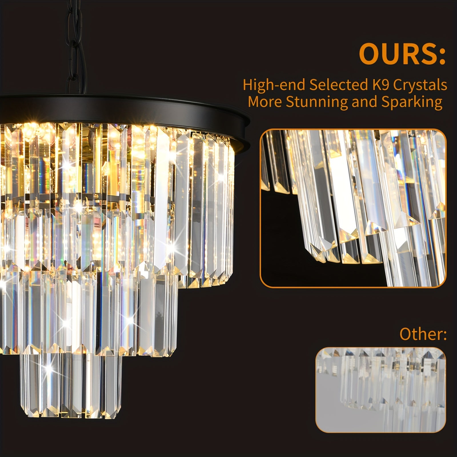 Modern Crystal Chandelier Gold 15.7-Inch Round Pendant Light, 7-Light Ceiling Chandelier Fixture for Dining Room, Raindrop Luxury Black Flush Mount Chandelier for Entryway Living Room