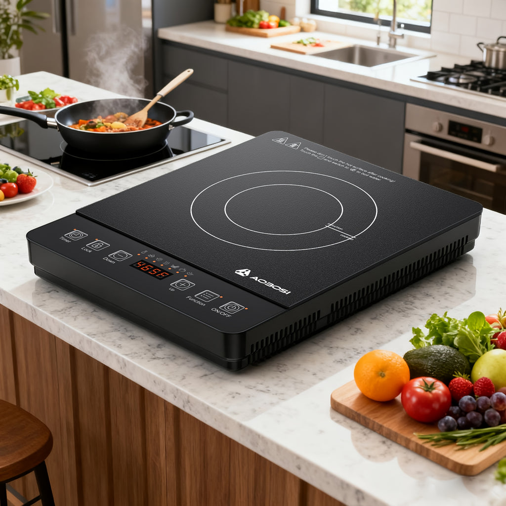 Aobosi Portable Induction Cooktop, 1800W Powerful Output for Fast & Efficient Cooking, Blue LCD Display. Features 18 Power Levels, 20 Temperature Settings & Lock Function, Plus 3 Adjustable Cooking Programs.