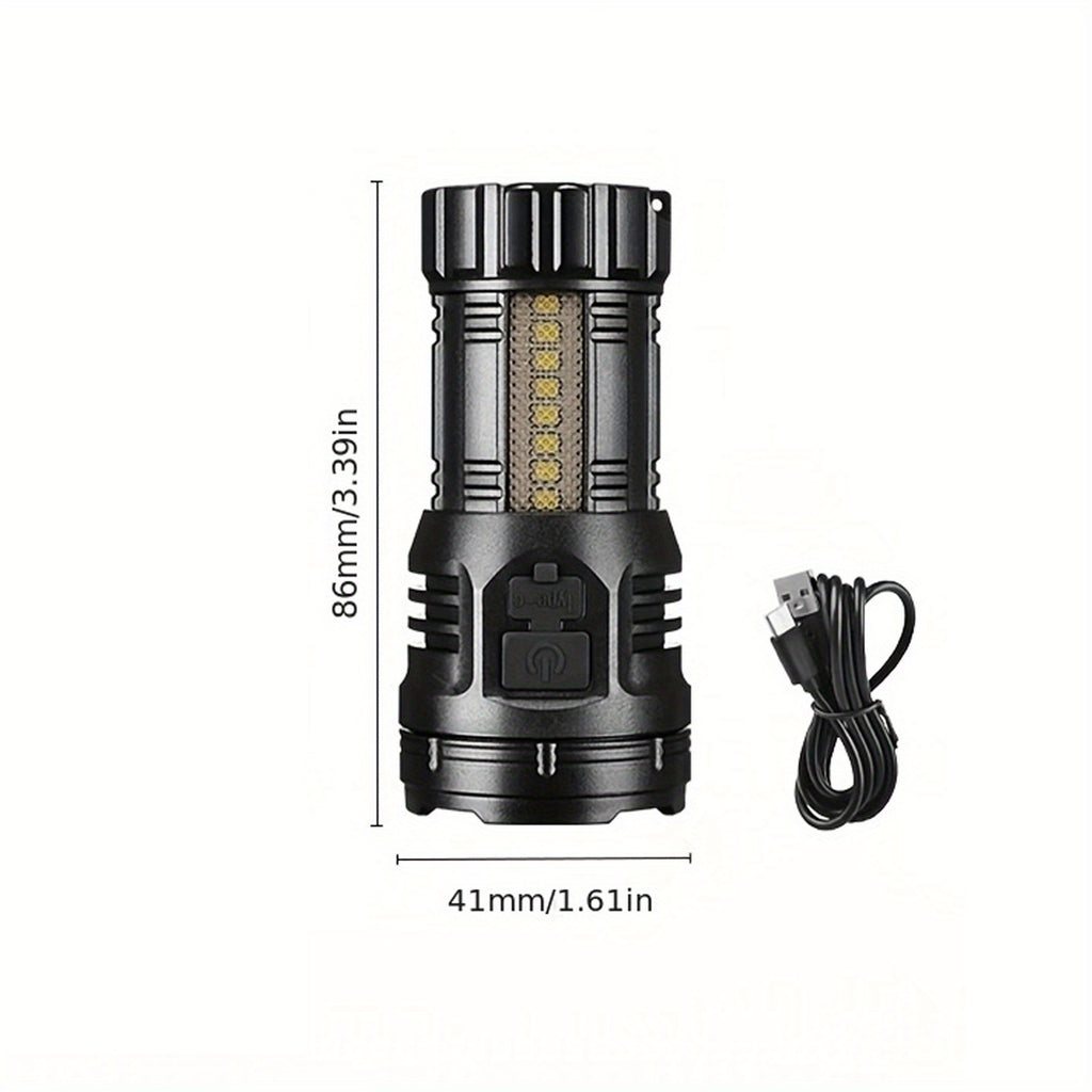 1PC 2025 New Rechargeable 9-LED Flashlight with COB Side Light, USB Power Supply, 1800mAh Lithium Battery, Standard Functions Including USB Cable, Portable Emergency Spotlight for Outdoor Use
