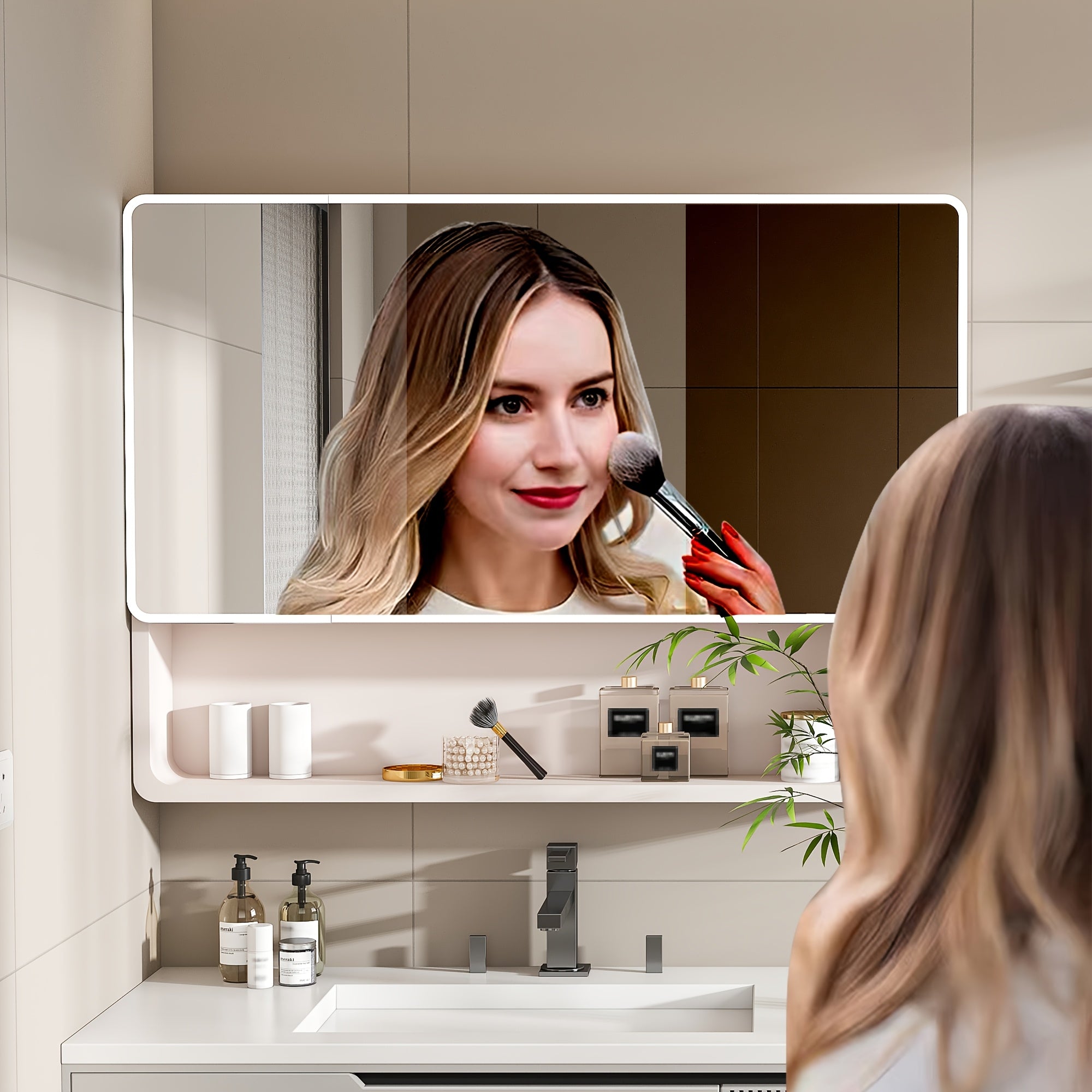 Stone 35"x28" Aluminum Bathroom Mirror Cabinet with Smart LED Lighting & Anti-Fog - Wall Mount Vanity Mirror with Cosmetics Shelf & Hair Dryer Holder, Khaki