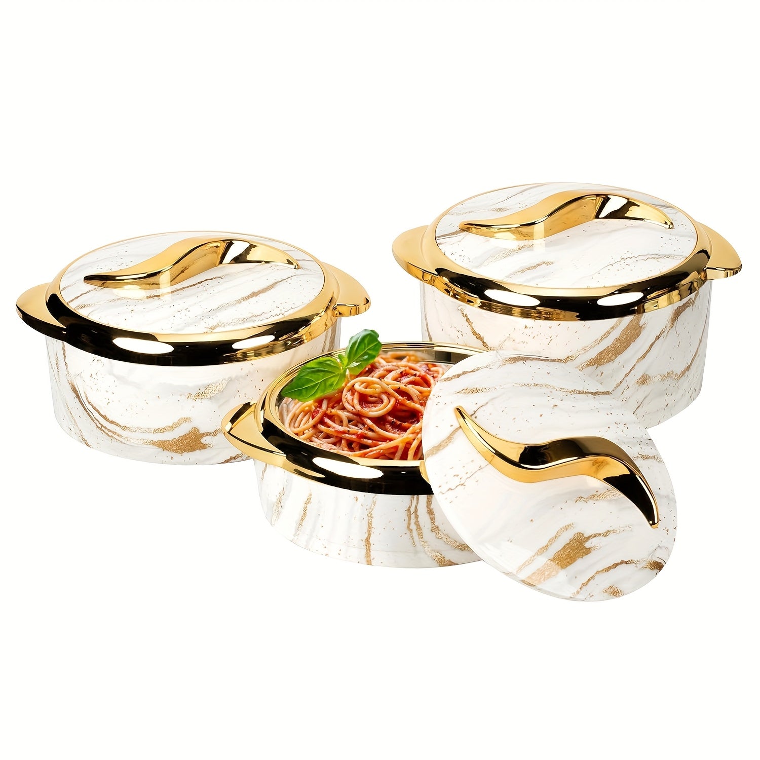 3-Piece Gold Touch Insulated Dinnerware Set – Stainless Steel Hot & Cold Food Bowl with Lids, Portable Thermos (Home Use), Office Lunch Container, Hot Pot Tableware