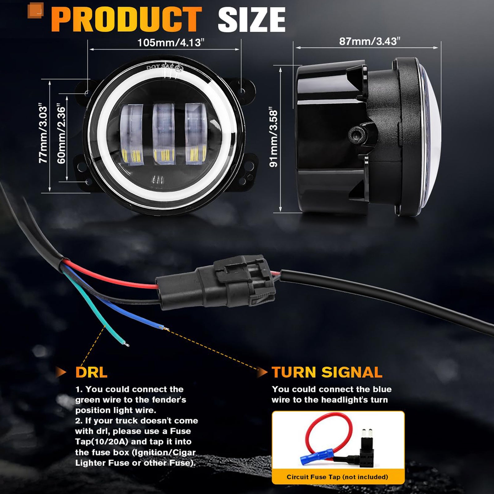 4英寸 LED 雾灯，带白色天使眼环，专为 JEEP Wrangler JK Unlimited JKU 2007-2018 年款设计，包括白色日间行车灯和琥珀色转向信号灯