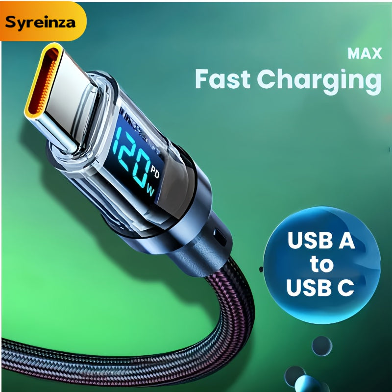 120W6A超快充USB-C线，Type-C转Type-C，黑色扁平尼龙PVC资料同步线，附实时数位显示器,≤36V工作电压，品牌Syreinza，适合家庭办公室旅行尼龙编织加固耐用高品质科技爱好者数据线适用于 iPhone, Android, Samsung