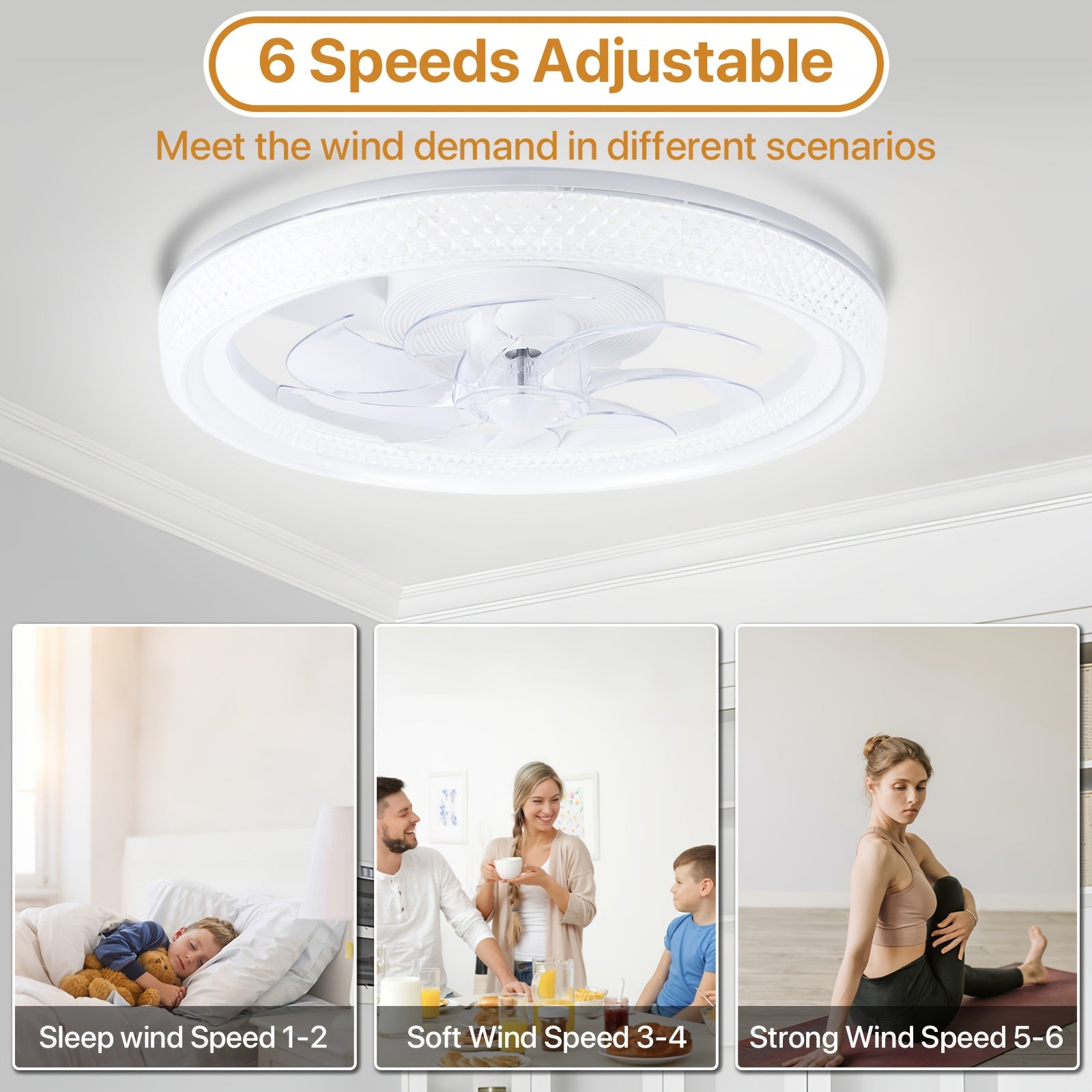 Remote Control Ceiling Fan with Light, 20 Inch Flush Mount Bladeless Ceiling Fan, 3000K-6500K Stepless Dimmable LED Light, 6 Wind Speed Levels, Modern Style Fan Light, for Bedroom, Kitchen, Living Room