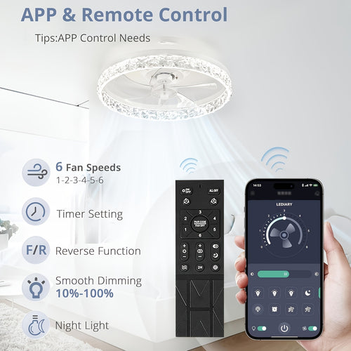 19.7 Inch Low Profile Flush Mount Ceiling Fan with Light, 3 Color Dimmable LED, 6 Speed Timer Remote Control, Reversible Motor Ceiling Lamp for Room & Bedroom Decor