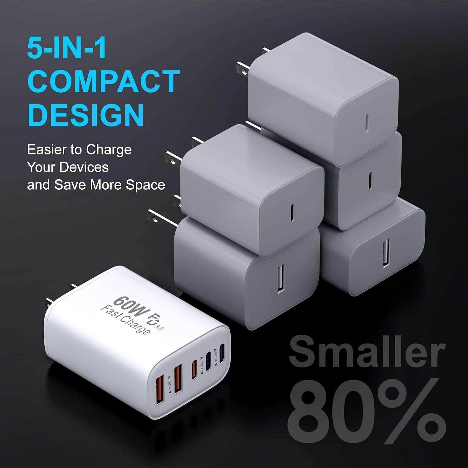 65W USB-C Charging Block, Quick Wall-Mounted Power Adapter, 5-Port USB-C Power Supply, Compatible with for Iphone 17/16/15 Pro Max/Plus/Xsipad Pro, Galaxy S25/S24 Tablets, And Various Other Devices