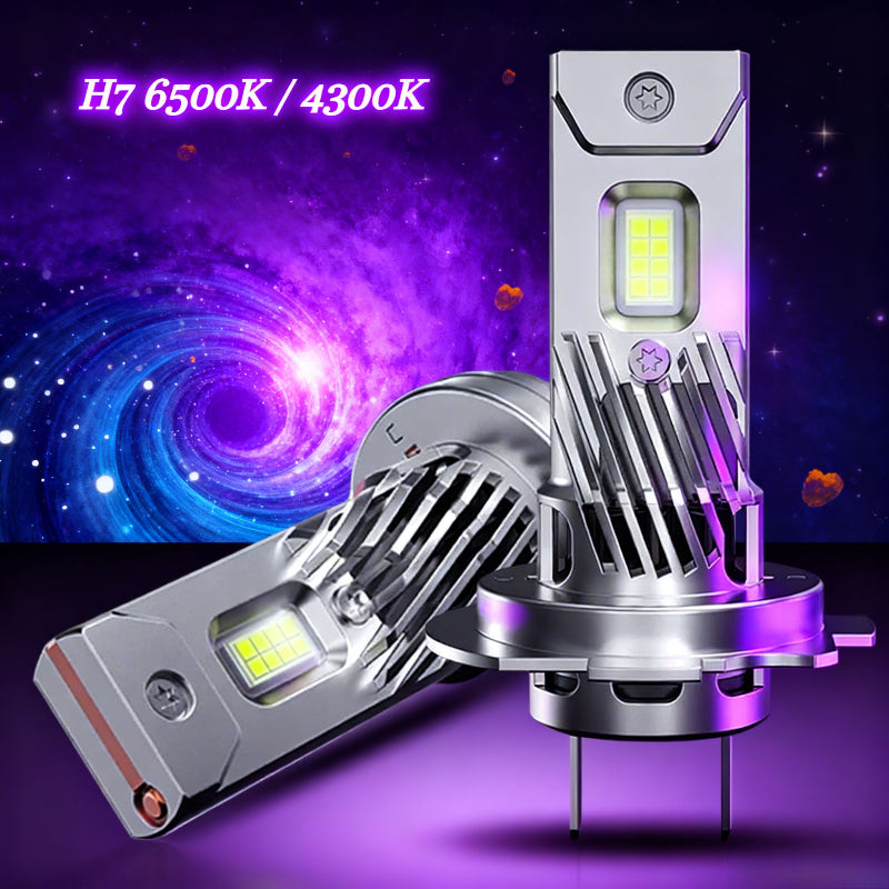 This is a set of two H7 LED headlights, offering 300W and 30000 lumens of brightness, designed for high beam and low beam functions. They are Canbus compatible, ensuring error-free operation, feature turbo fan cooling