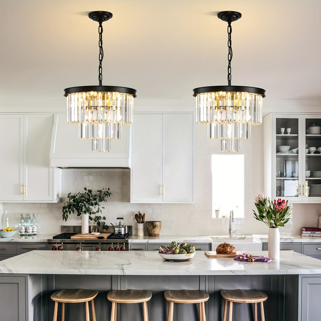 Modern Crystal Chandelier Gold 15.7-Inch Round Pendant Light, 7-Light Ceiling Chandelier Fixture for Dining Room, Raindrop Luxury Black Flush Mount Chandelier for Entryway Living Room