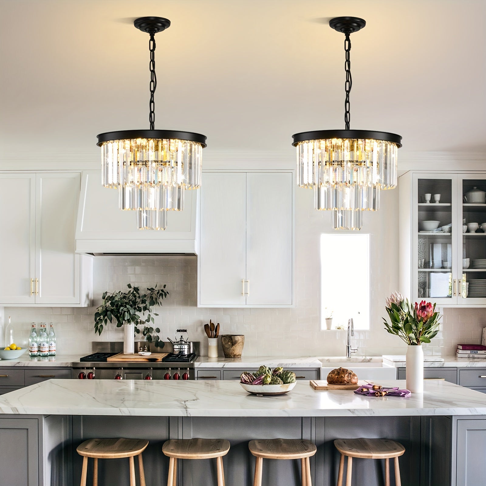 Modern Crystal Chandelier Gold 15.7-Inch Round Pendant Light, 7-Light Ceiling Chandelier Fixture for Dining Room, Raindrop Luxury Black Flush Mount Chandelier for Entryway Living Room