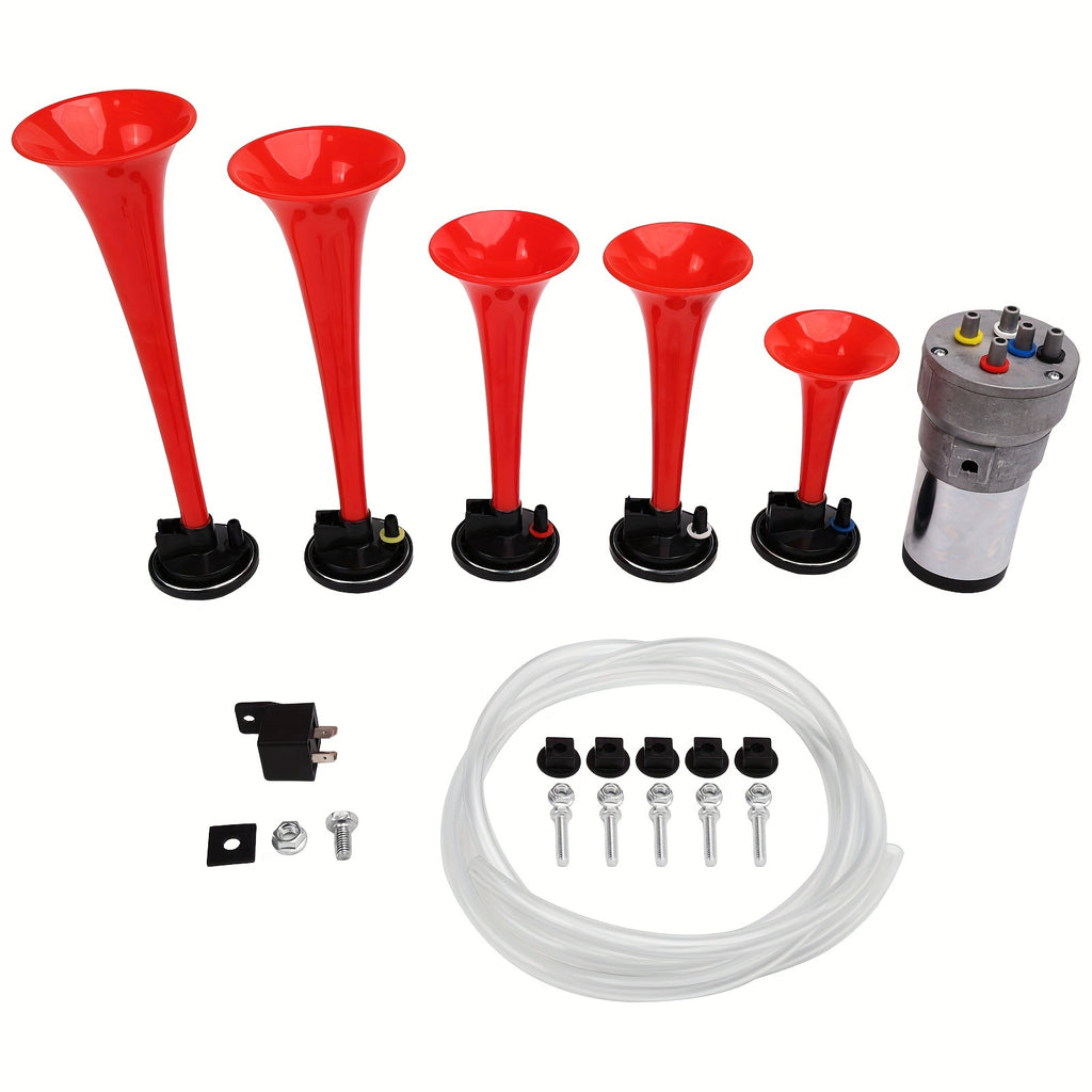 ALLREY Musical Horn Plays Dixie LACUKARACHA Tune 5 Trumpet Musical Air Horn with Compressor Plays 6 Trumpet Godfather Tune Red 12V Fits Train Truck Car Boat RV UTV Motorcycle