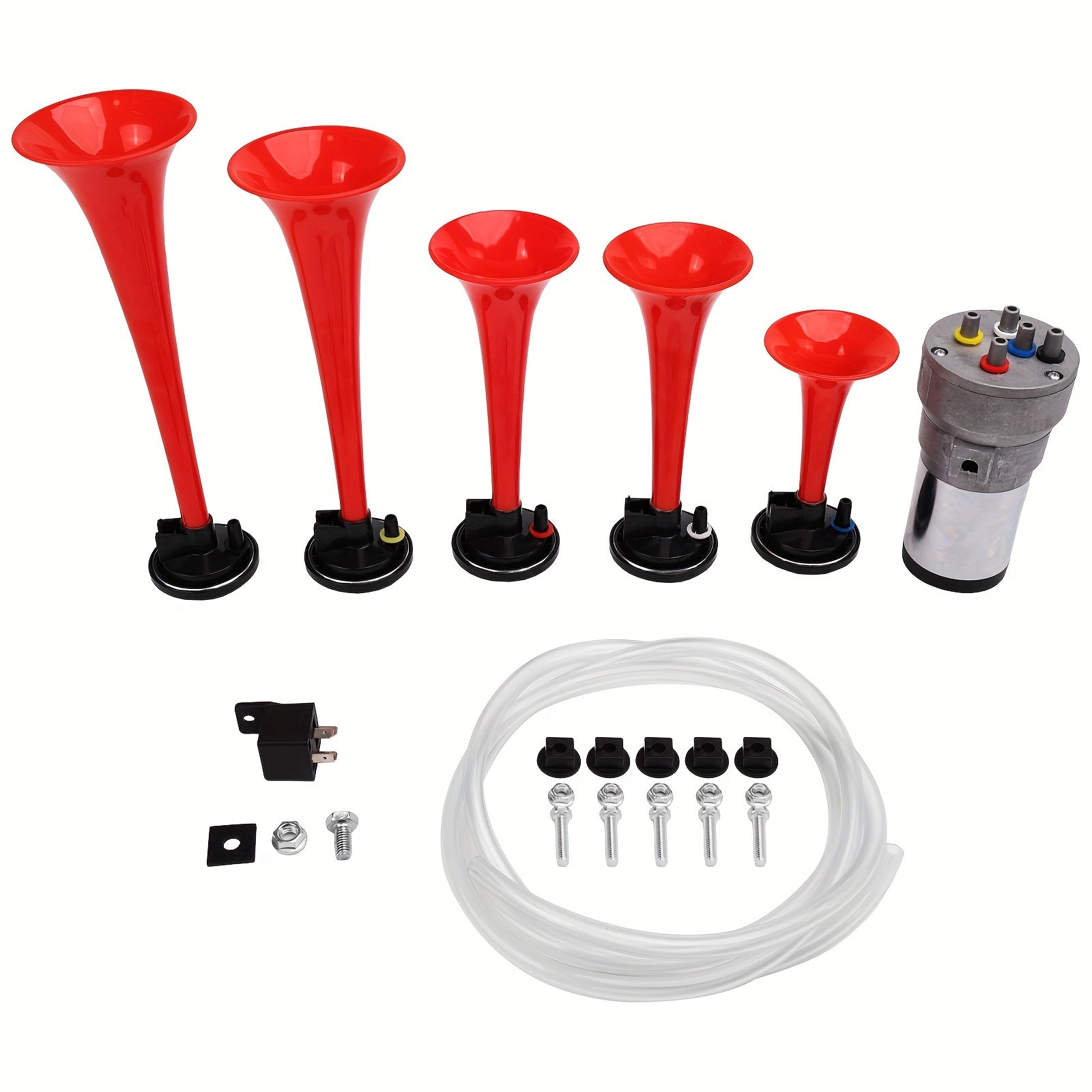 ALLREY Musical Horn Plays Dixie LACUKARACHA Tune 5 Trumpet Musical Air Horn with Compressor Plays 6 Trumpet Godfather Tune Red 12V Fits Train Truck Car Boat RV UTV Motorcycle