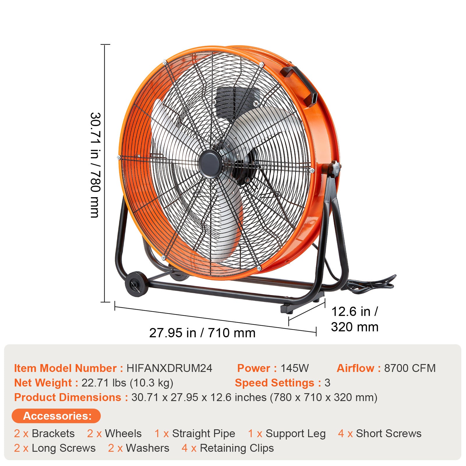 24" High-Speed Industrial Drum Fan, Timer Function, 3-Speed, for Warehouse