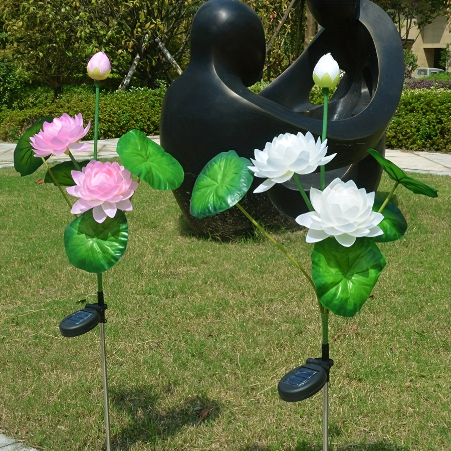 1个升级版3LED大花太阳能粉白莲花灯，适用于节日场景装饰、花园庭院草坪灯、节日氛围、草坪装饰、装饰性太阳能灯、花卉灯设计、低压装饰、耐用金属表面、装饰照明、活动策划者、节日购物者