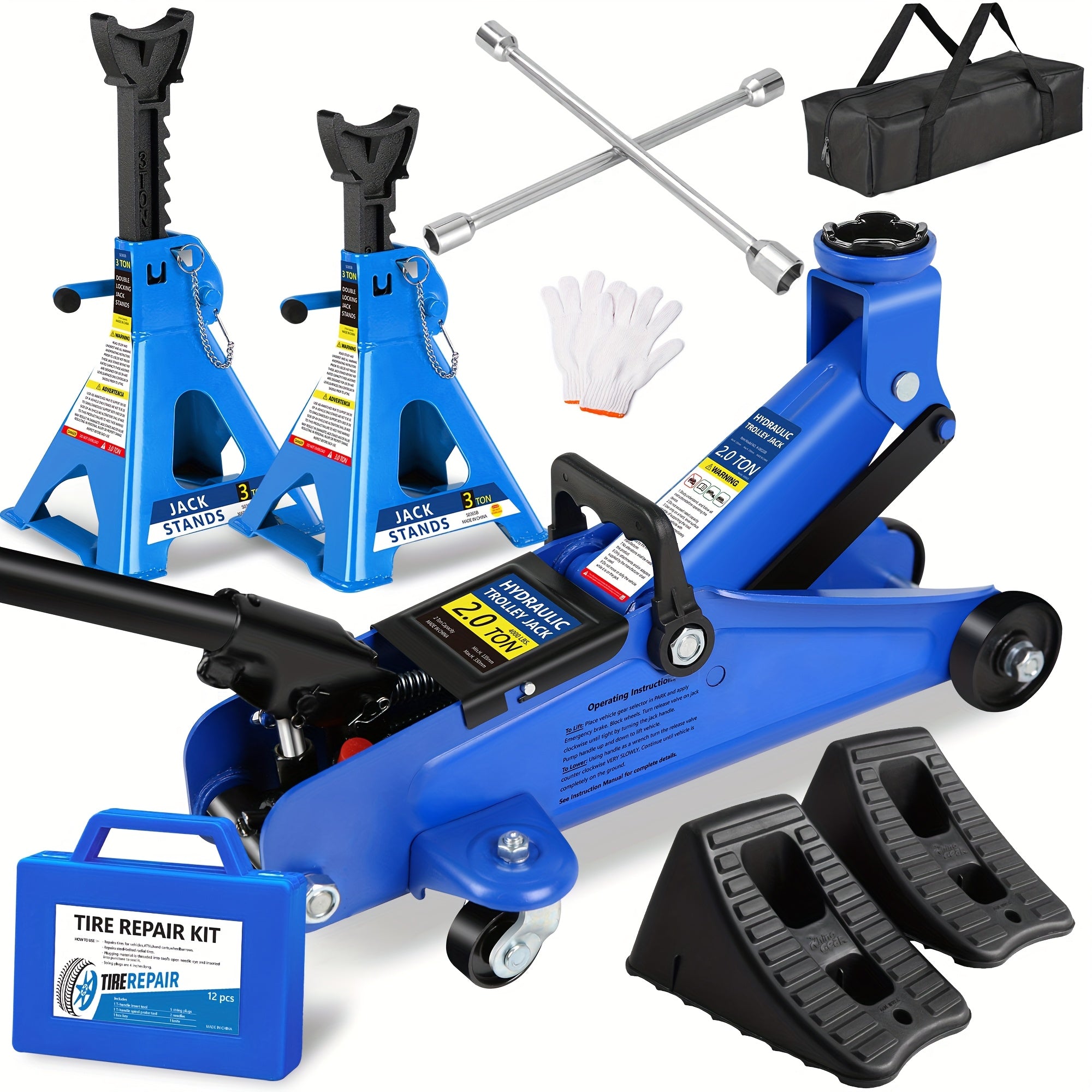2/2.5/3 Ton Capacity Low-Profile Garage Hydraulic Jack Combo Kit, Optional: 2 Ratchet-Type 3-Ton Jack Stands, Tire Repair Tool Kit, 14-Inch Lug Wrench, Wheel Chocks for SUV/Sedan/Truck