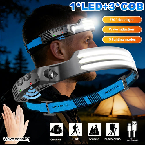 1Pc USB Rechargeable COB Headlamp, Motion Sensor Outdoor Head Light, 230° Wide Angle, 5 Lighting Modes Running Headlamp, Portable Lightweight Hands-Free Flashlight, Ideal for Camping, Hiking and Outdoor Activities