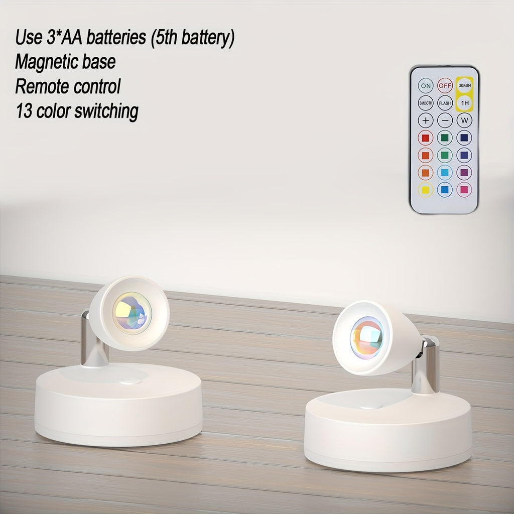 Remote Control Ambient Spotlight, Adjustable Multi-Color Night Light, Creative Lens 360° Rotatable Wall Lamp, 3 AA Battery Powered, Dimmable Stick-On Decorative Spotlight for Indoor Decoration