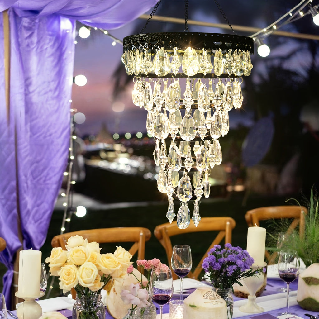 Solar Hanging Crystal Chandelier | Outdoor Garden Decorative Light, Equipped with 54 Warm White LEDs, Waterproof, Lithium Battery Powered, Suitable for Garden, Courtyard, Patio, Gazebo, Party, Wedding