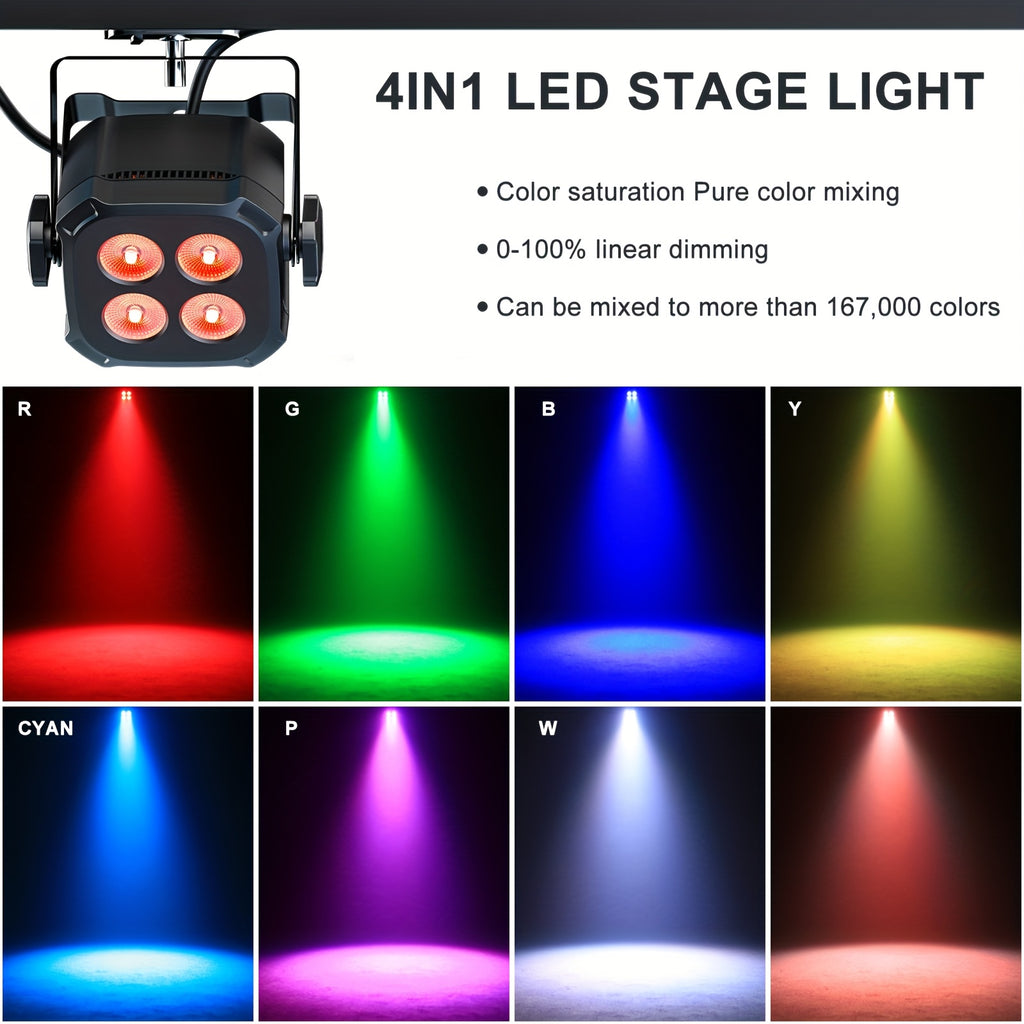 Mini stage light, available in 1, 2 or 4-pack, equipped with four 15W LED Par lights. These lightweight RGBW 4-in-1 LED stage lights feature DMX512 and sound-activated functions, suitable for home use, parties, performances and events.