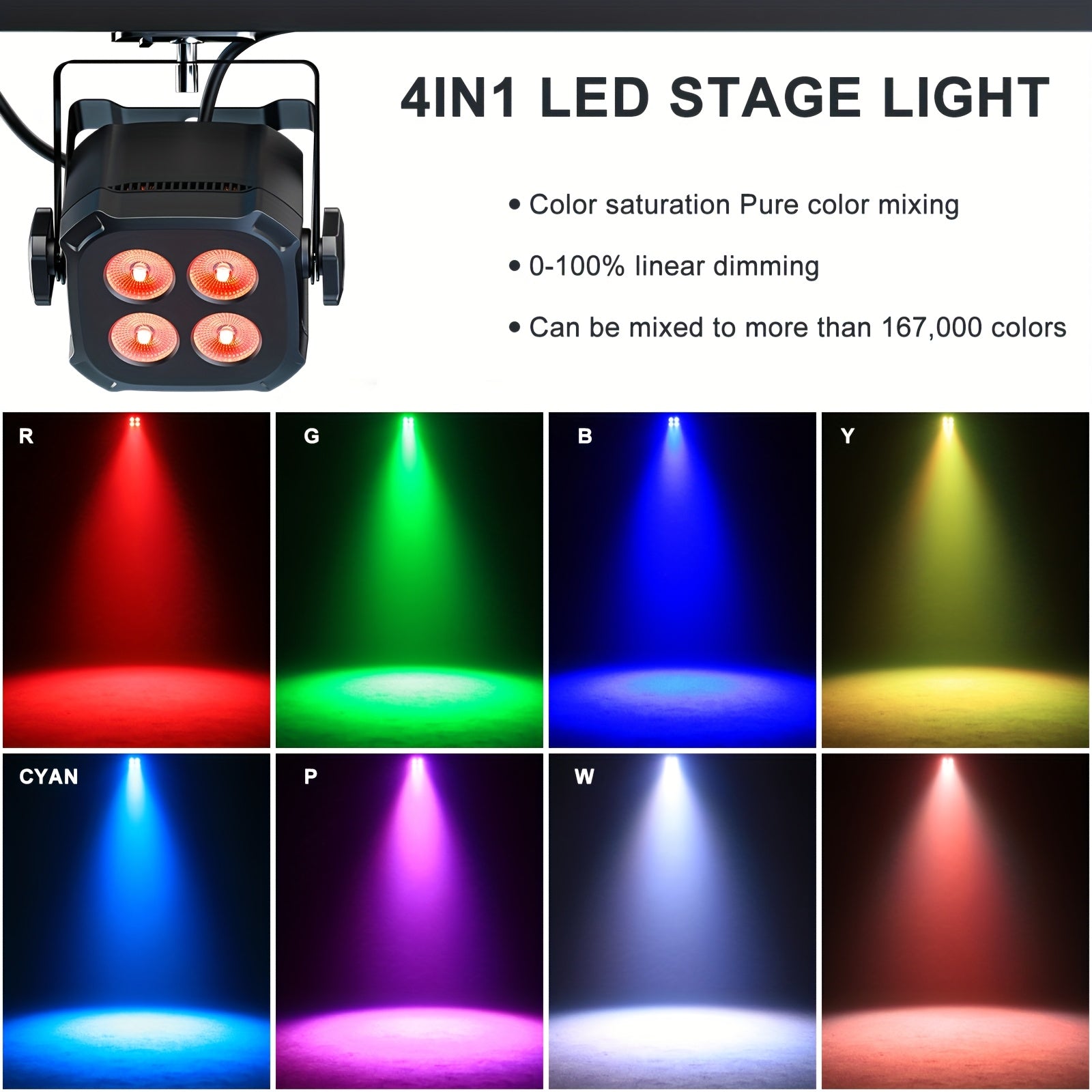 Mini stage light, available in 1, 2 or 4-pack, equipped with four 15W LED Par lights. These lightweight RGBW 4-in-1 LED stage lights feature DMX512 and sound-activated functions, suitable for home use, parties, performances and events.